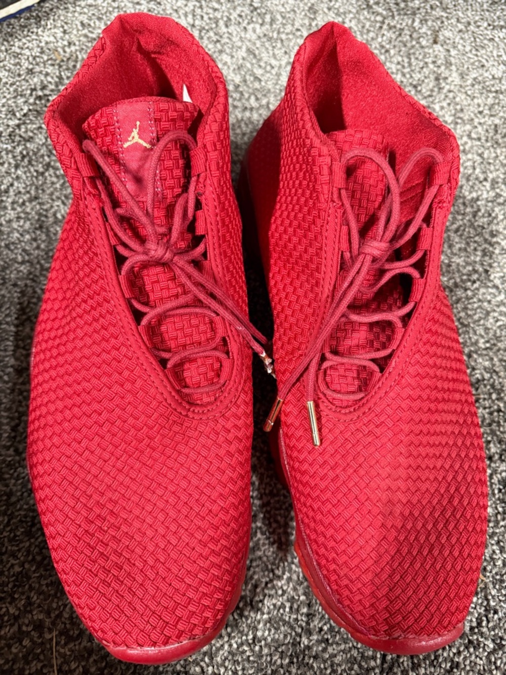Jordan Woven High-Top Sneakers in Red with Gold Accents